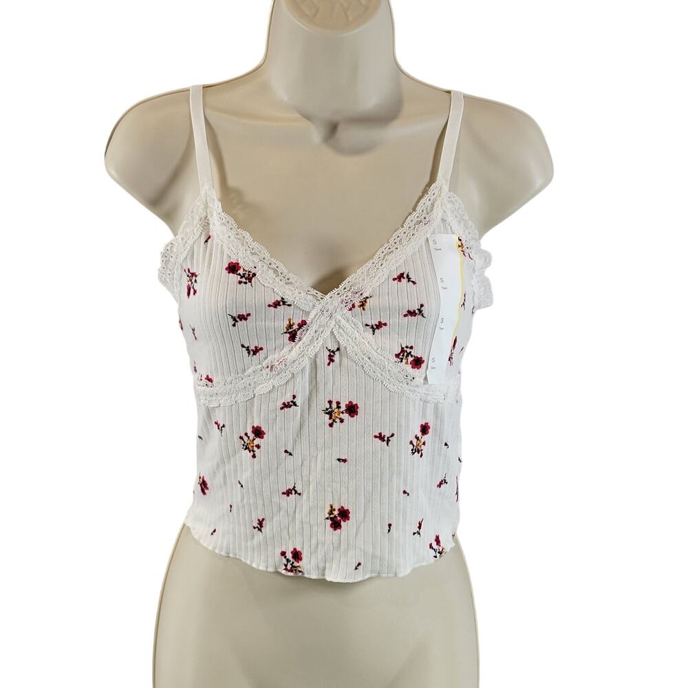 Wild Fable Women' Lace Trim Tiny Tank Top, White/Floral, Sz L, NWT